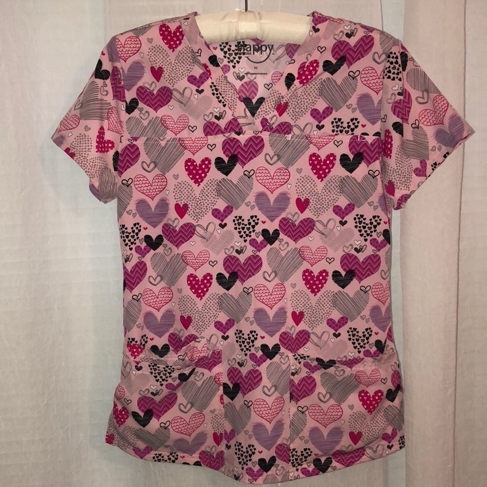 Happy Scrubs XS Heart Print Pink Black Scrub Top